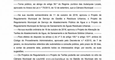 CML – Projetos de regulamento e de alteração de tarifas CML – Projetos de regulamento e de alteração de tarifas